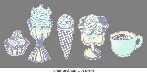 Vector set of a wonderful sticker cup of coffee, ice cream, cone ice cream balls, flavor peppermint ice cream in bowls. Hand-drawn, graphic, style. Tender, soft, light, pajamas, sleepwear: blue, mint