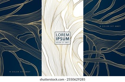 Vector set of  wood branches labels, gold line nature, organic elegant design. Wave nature luxury backgrounds