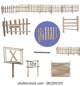 Vector set of wood elements of fence in realistic style for design. Create your own signs.