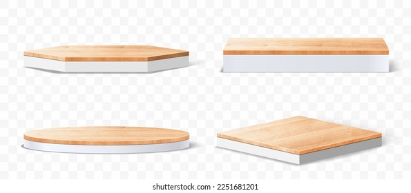 Vector set of wood pedestals podium, Abstract geometric empty stages wooden exhibit displays award ceremony product presentation