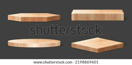 Vector set of wood pedestals podium, Abstract geometric empty stages wooden exhibit displays award ceremony product presentation