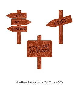 Conjunto vectorial de señalización de flecha de madera con texto. Senderismo. Ilustración vectorial plana.