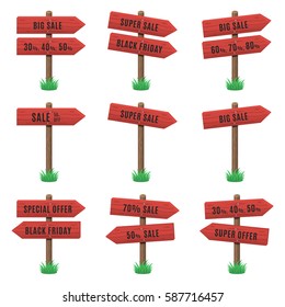 Vector set of wooden arrow signs with sale text on grass