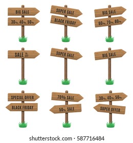 Vector set of wooden arrow signs with sale text on grass