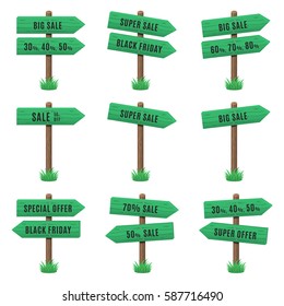 Vector set of wooden arrow signs with sale text on grass