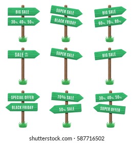 Vector set of wooden arrow signs with sale text on grass