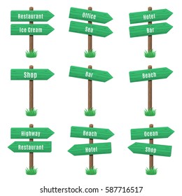 Vector set of wooden arrow signs with text on grass