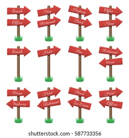 Vector set of wooden arrow signs with text on grass