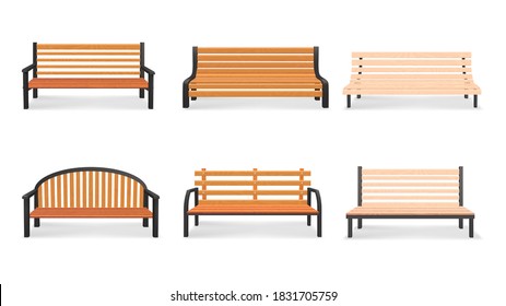 Vector set of wooden bench 3d models isolated on white background. Bench in a park illustration