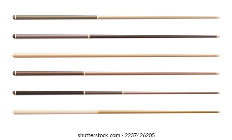 Vector set of wooden billiard cues. Realistic Snooker sports equipment. Vintage pool cue.  Active recreation and entertainment. Vector illustration