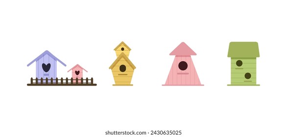 Vector set of wooden birdhouses. Woody, blue, pink, green colors. Four houses for feathered animals, birdhouses, isolated on a white background, eps 10.