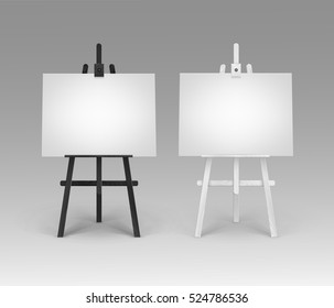 Vector Set of Wooden Black White Easels with Mock Up Empty Blank Horizontal Canvases Isolated on Background