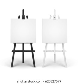 Vector Set of Wooden Black White Easels with Mock Up Empty Blank Square Canvases Isolated on Background