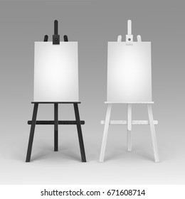 Vector Set of Wooden Black White Easels with Mock Up Empty Blank Vertical Canvases Isolated on Background