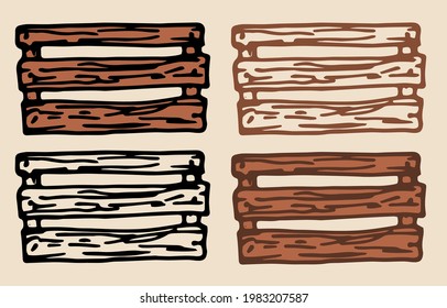 Conjunto vectorial de cajas de madera. cajas vacías de estilo doodle, hechas de varias cajas, contorno marrón de vista lateral y negro aislado en un fondo claro para una plantilla de diseño