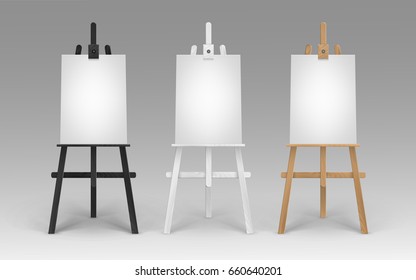 Vector Set of Wooden Brown Black White Sienna Easels with Mock Up Empty Blank Vertical Canvases Isolated on Background