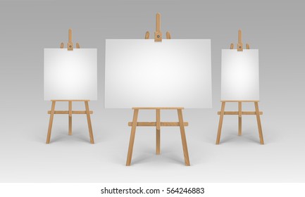 Vector Set of Wooden Brown Sienna Easels with Mock Up Empty Blank Horizontal Vertical Square Canvases Isolated on Background