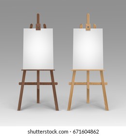 Vector Set of Wooden Brown Sienna Easels with Mock Up Empty Blank Vertical Canvases Isolated on Background