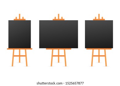 Vector Set of Wooden Brown White Sienna Easels with Mock Up Empty Blank Square Canvases Isolated on Background.