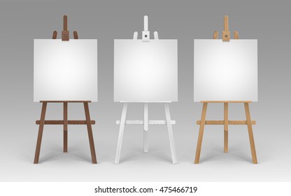 Vector Set of Wooden Brown White Sienna Easels with Mock Up Empty Blank Square Canvases Isolated on Background