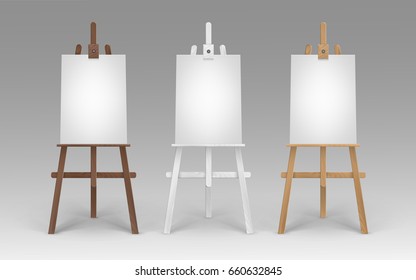 Vector Set of Wooden Brown White  Easels with Mock Up Empty Blank Vertical Canvases Isolated on Background