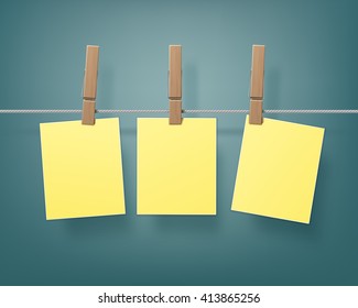 Vector Set of Wooden Clothespins Pegs whith hanged Yellow Stickers on Rope  Close up Isolated on Background