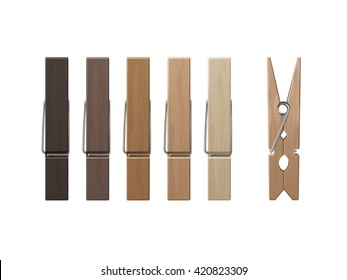 Vector Set of Wooden Clothespins Pegs of Different Color Front Side View Close up Isolated on White Background