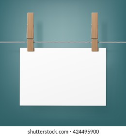 Vector Set of Wooden Clothespins Pegs whith hanged paper sheet on Rope  Close up Isolated on Background