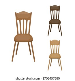 Vector set of wooden dining chairs. Brown, black, red handicraft old-fashioned vintage retro classic style piece of furniture, home interior. Front view. Flat illustration collection isolated on white