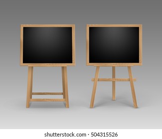 Vector Set of Wooden Easels with Mock Up Empty Blank Square Black Boards Isolated on Background