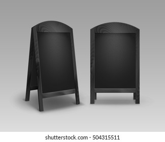 Vector Set of Wooden Empty Blank Advertising Street Sandwich Stands Sidewalk Signs Black Menu Boards Isolated on Background