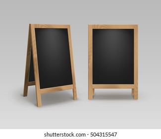 Vector Set of Wooden Empty Blank Advertising Street Sandwich Stands Sidewalk Signs Black Menu Boards Isolated on Background svg