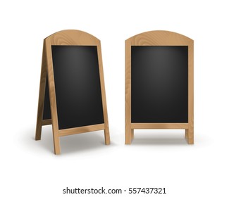 Vector Set of Wooden Empty Blank Advertising Street Sandwich Stands Sidewalk Signs Black Menu Boards Isolated on White Background svg