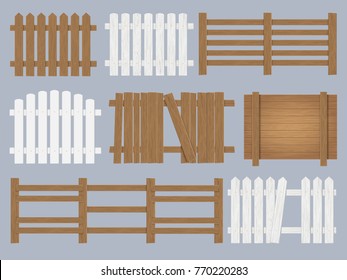 Vector set of wooden fence different forms and color. Isolated detailed design elements.