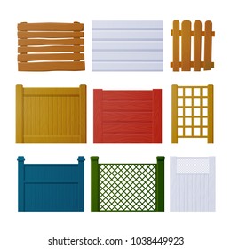 Vector set of wooden fence elements for design. Wooden fence of different design: fence, mesh, polished, poles, solid, with spaces.