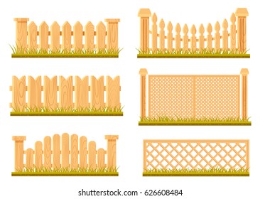 Vector set of wooden fences in cartoon style isolated on white