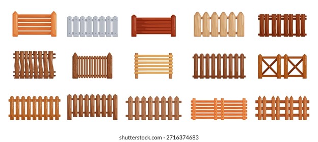 Vector set of wooden fences with different designs, colors and plank styles, isolated on white background, suitable for games, maps, farm graphics, UI elements and landscape design projects