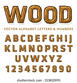 Vector set of wooden latin letters and numbers