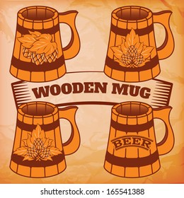 vector set of wooden mugs for beer with hops