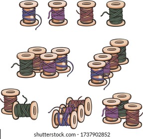 Conjunto vectorial de bobinas de madera y plástico, sombrillas con hilo de color aislado en el fondo. Equipo de costura, sastrería, accesorios para la reparación de agujas y prendas de vestir 02
