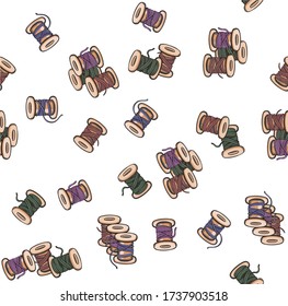 Vector  set of wooden and plastic bobbins, spools with colored thread isolated on background. Equipment for sewing, tailoring, accessory for needlework and clothing repair 04
