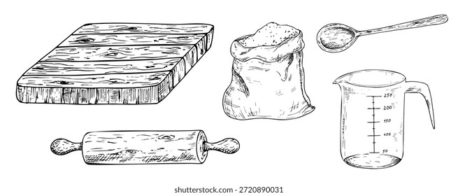Juego de Vector con rodillo de madera, tabla de cortar, taza de medición. Herramienta de cocina de tinta gráfica, bolsa de lona llena de grano con una cuchara dentro de la ilustración para hornear creaciones, aislado sobre fondo. Mano