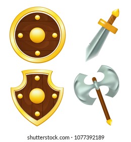 Vector set of wooden shields, sword, axe and golden frame. Perfect for games or other design works