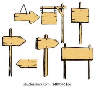 Vector set of wooden signs. Isolated hand drawings on a white background. Arrows pointers, signs, column with pointers