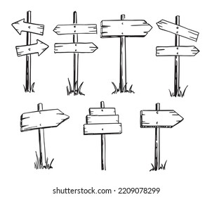 Vector set of wooden signs. Isolated hand drawings on a white background. Arrows pointers, signs, column with pointers