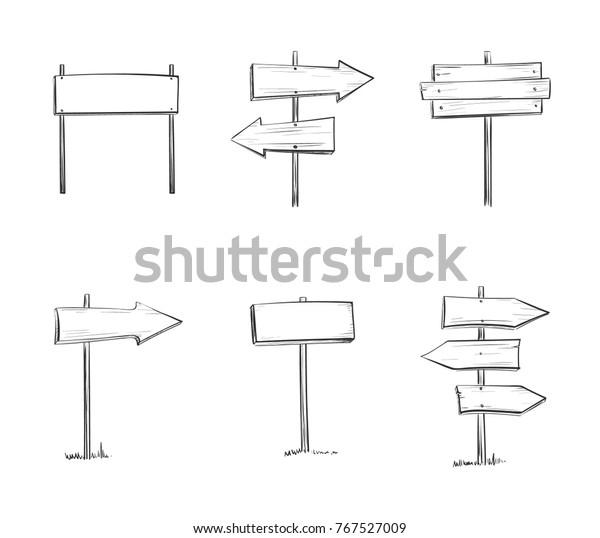 Vector set of wooden signs. Isolated hand drawings on a\
white background. 