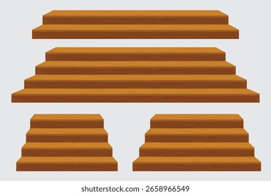 Vektorgrafik von Holztreppen in verschiedenen Formen und Winkeln. Geeignet für Architektur, Interieur und Spieledesign.
