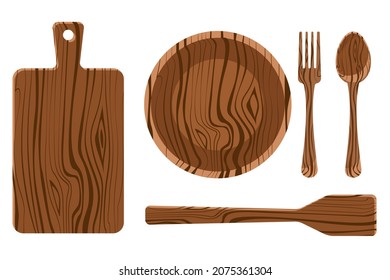 Vector set of wooden utensils. Top view slicing board, plate, spoon, fork, spatula isolated on white background.