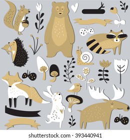 Vector set of woodland animals, plants, flowers, mushrooms and butterflies in cartoon style