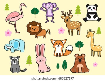 vector set of woodland animals,tree,flower.